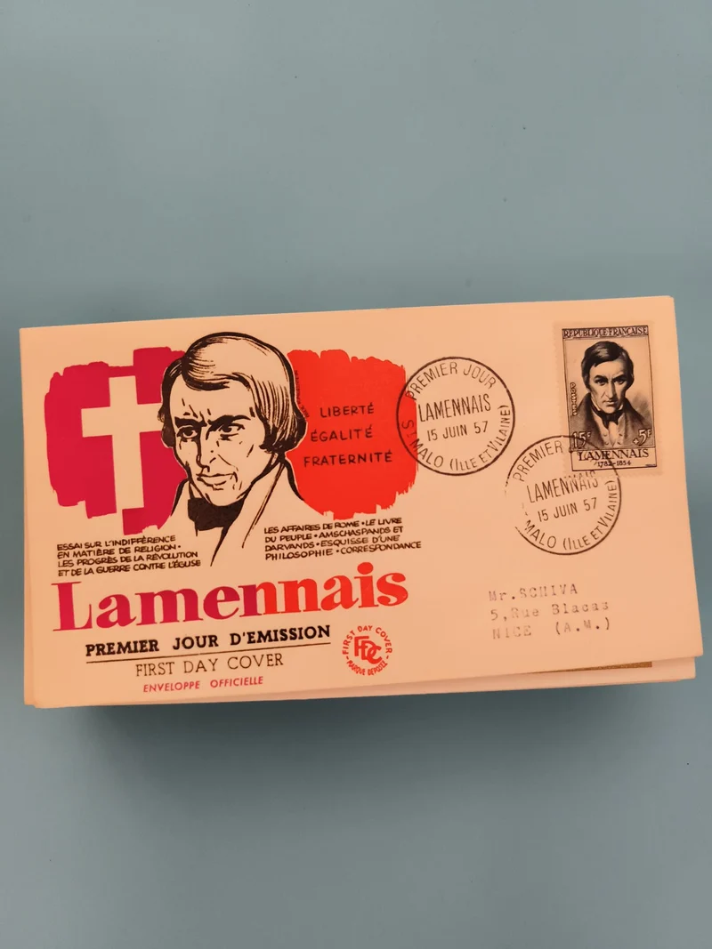 FDC enveloppe premier jour Lamennais 1957 timbre France philatélie