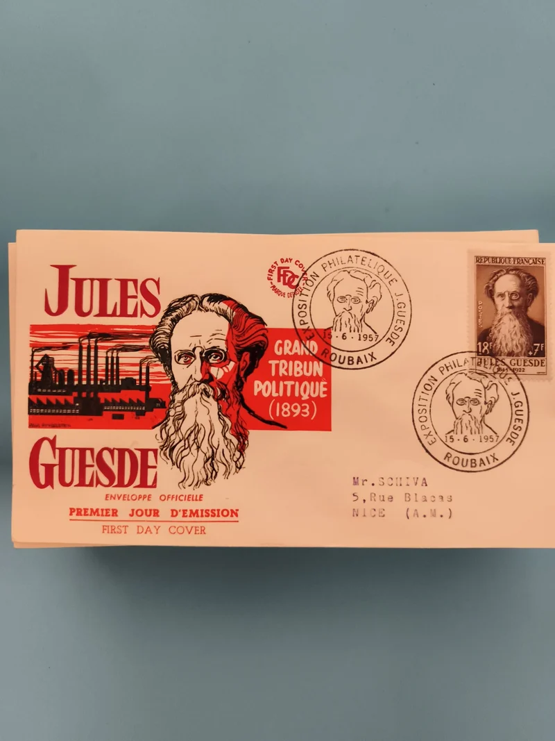Enveloppe Premier Jour Jules Guesde 1957 FDC timbre 18F exposition philatélie