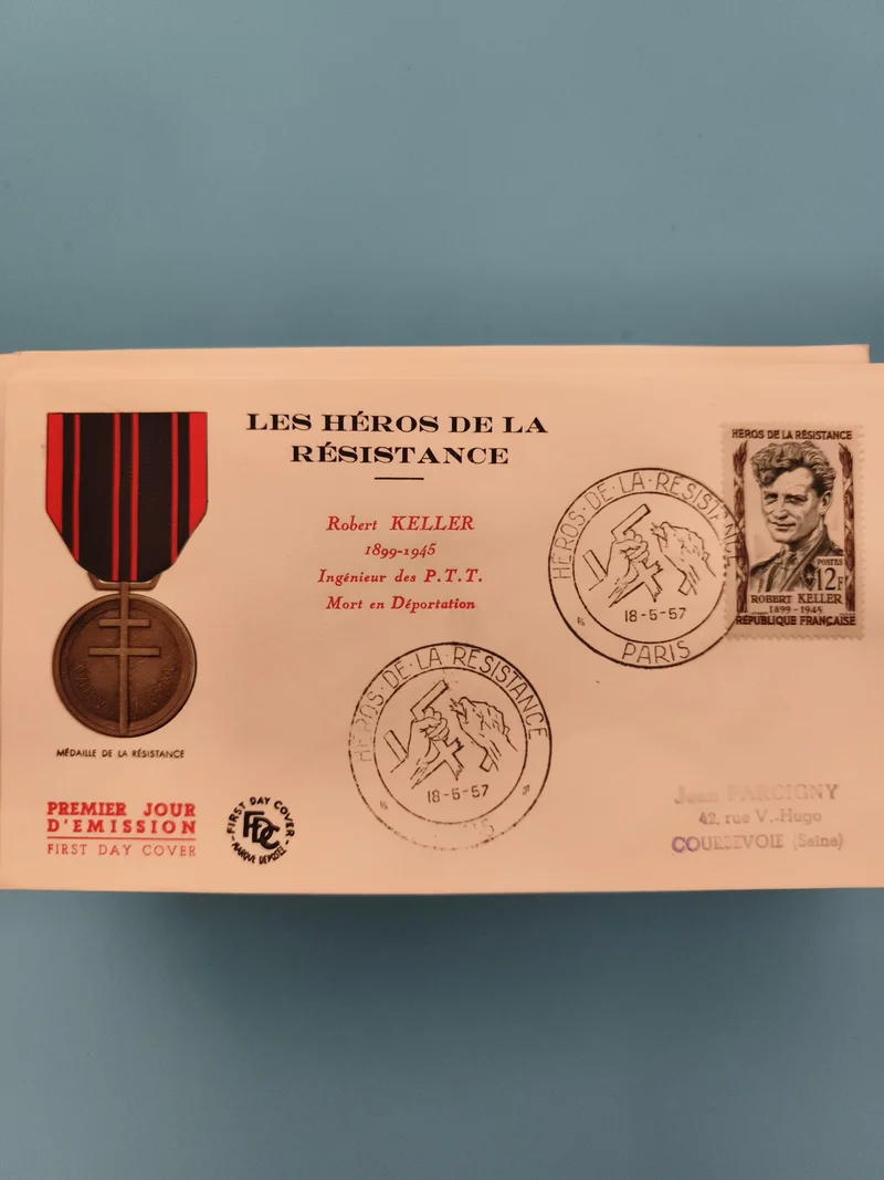 Lettre Premier Jour Héros Résistance Robert Keller 1957 timbre 12f philatélie FD