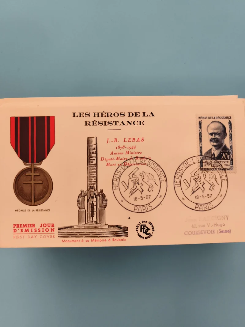 Lettre FDC Héros de la Résistance J.-B. Lebas 1957 timbre 20f oblitéré Paris
