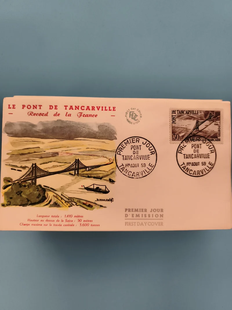 Lettre Premier Jour Pont de Tancarville 1959 FDC timbre 30c illustrée Seine