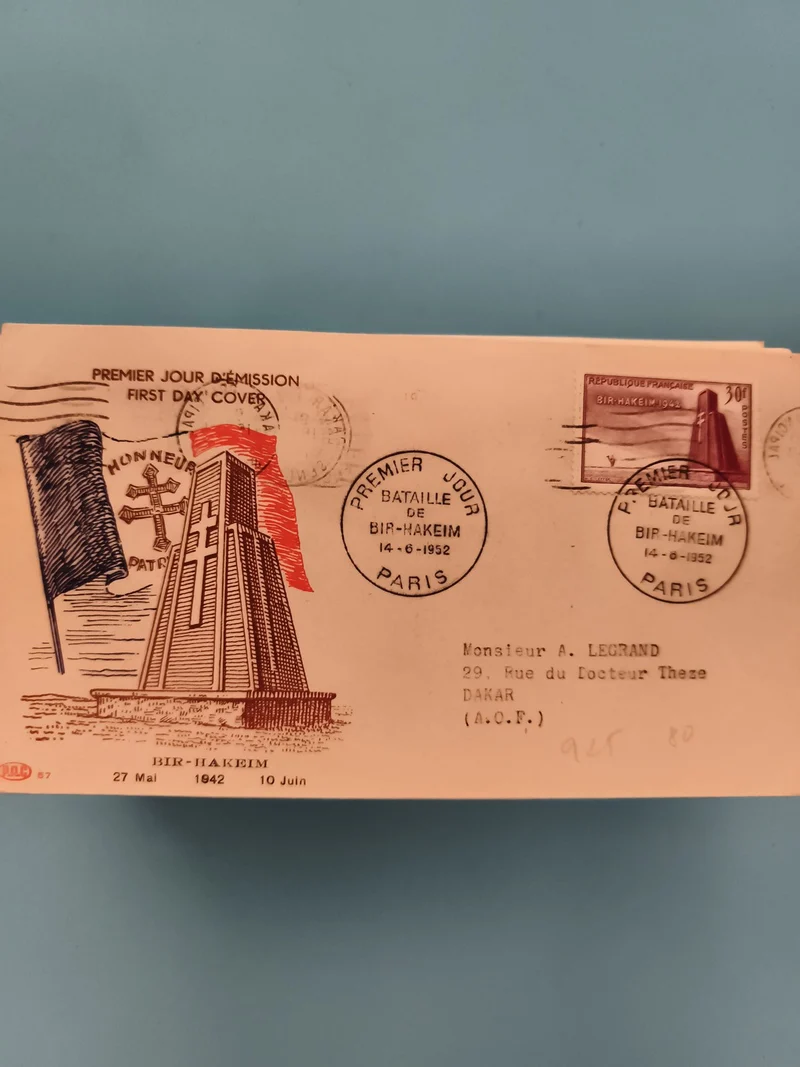 Lettre FDC Bir-Hakeim 1952 timbre 30F France Premier Jour Bataille Paris