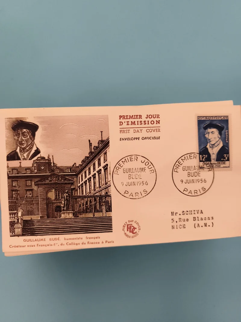 Enveloppe Premier Jour Guillaume Budé 1956 Paris Collège de France FDC philatéli
