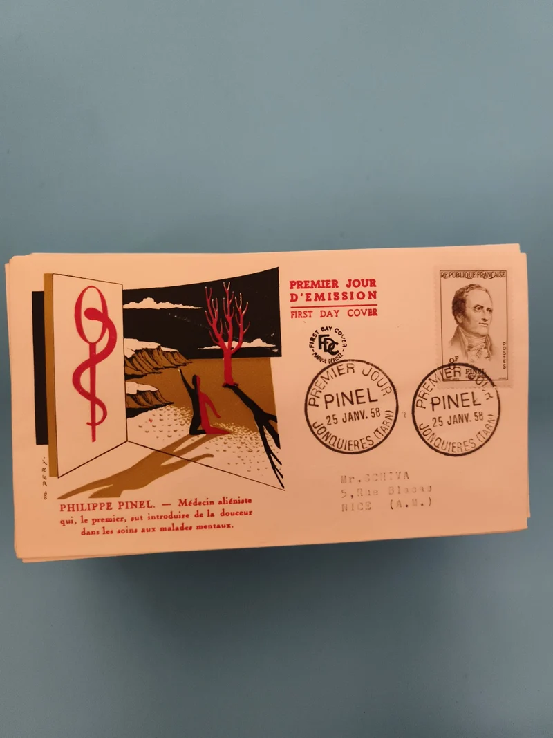 Lettre Premier Jour Philippe Pinel 1958 – FDC timbre France médecine philatélie