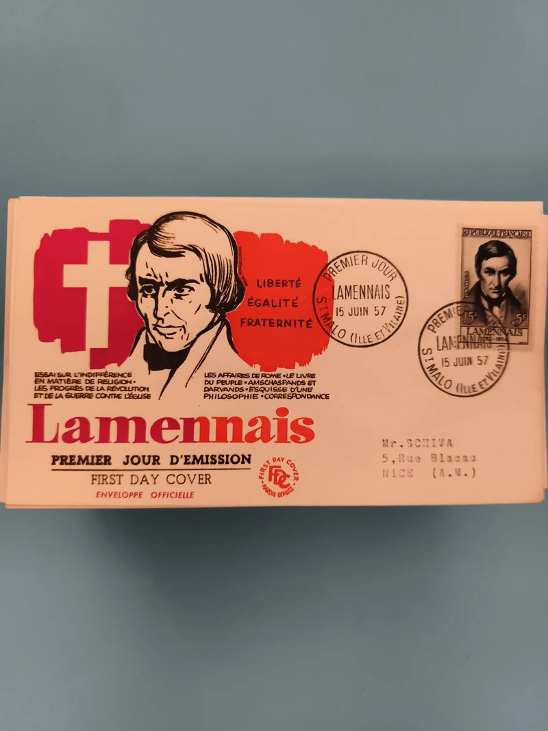 Lettre Premier Jour Lamennais 1957 illustration Liberté Égalité Fraternité FDC