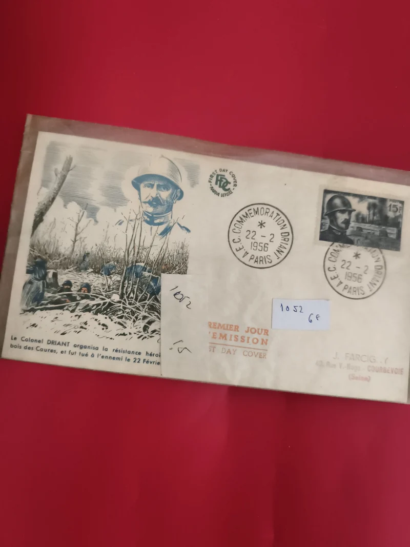 Lettre FDC Colonel Driant 1956 Paris Premier Jour timbre 15c philatélie (Ref 1)