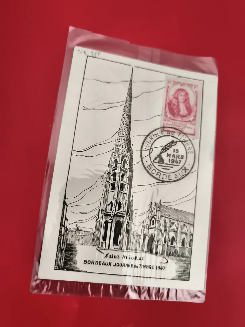 Carte postale philatélique Bordeaux 1947 Saint-Michel cachet 1er jour timbre