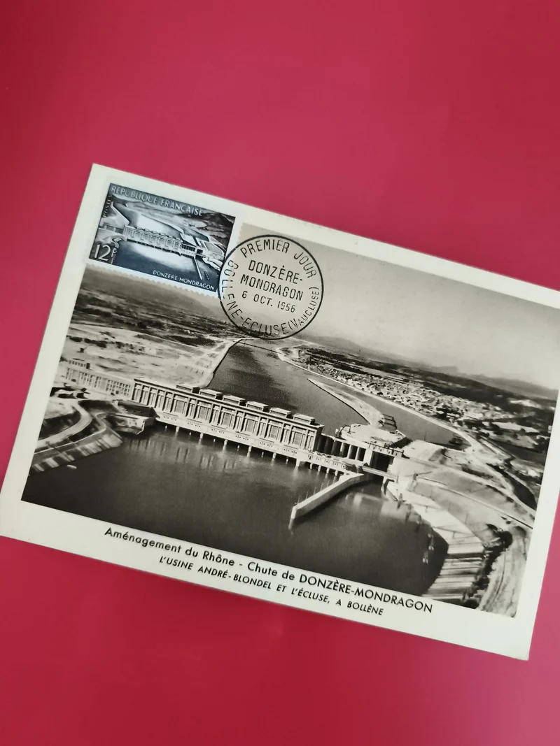 Carte postale premier jour Donzère-Mondragon 1956 timbre 12F aménagement Rhône