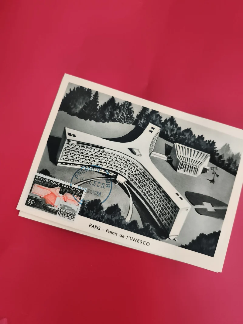 Carte postale 1er jour UNESCO Paris Palais, timbre oblitéré 1958 philatélie