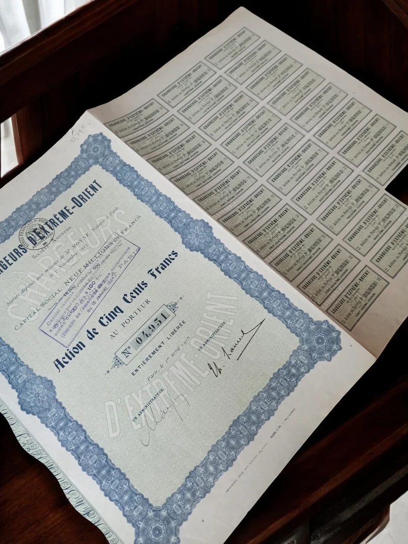 Action au porteur D'Extrême-Orient années 1920 bleu vintage papier rare