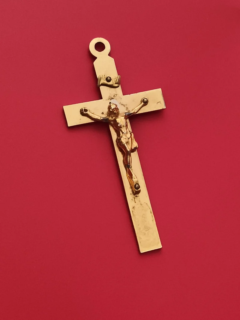 Croix catholique ancienne dorée, crucifix mural, Christ INRI, décoration religie