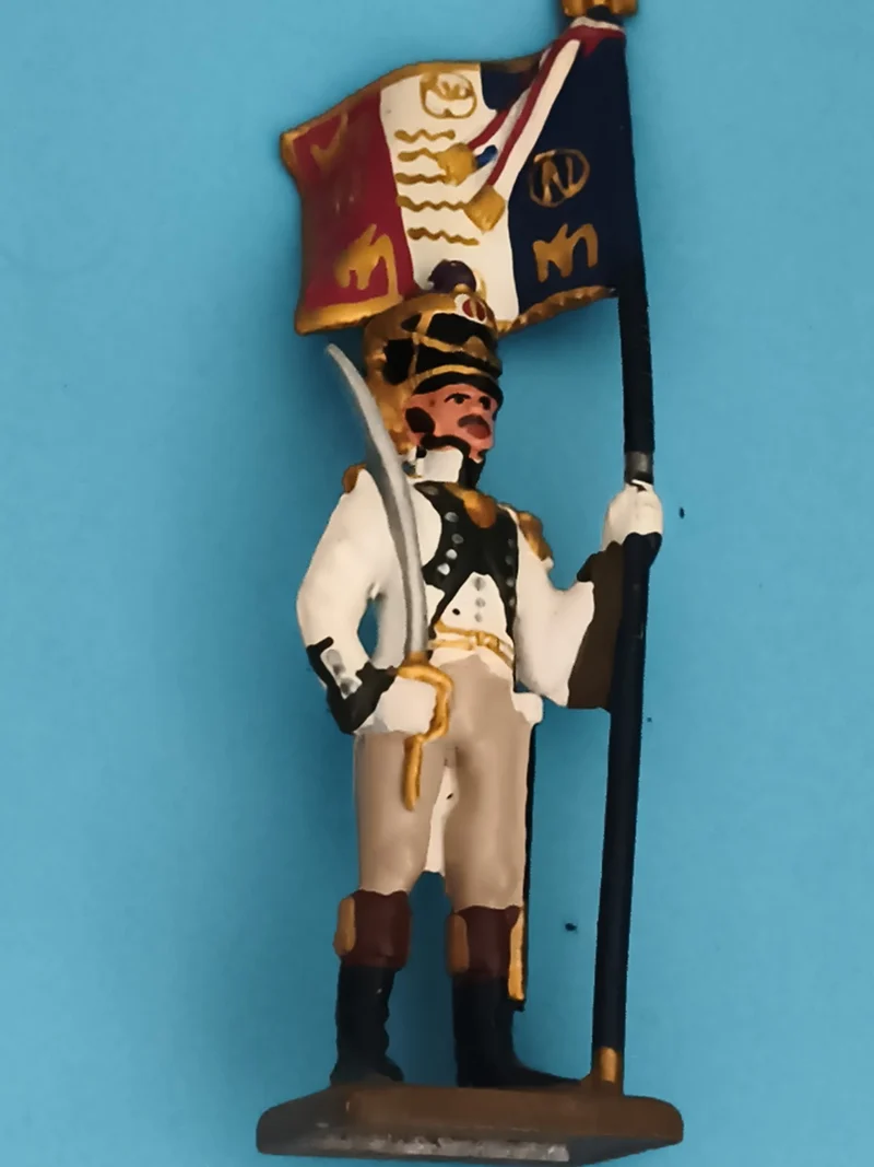 Figurine soldat empire drapeau ancien, plomb peint, uniforme blanc, vintage