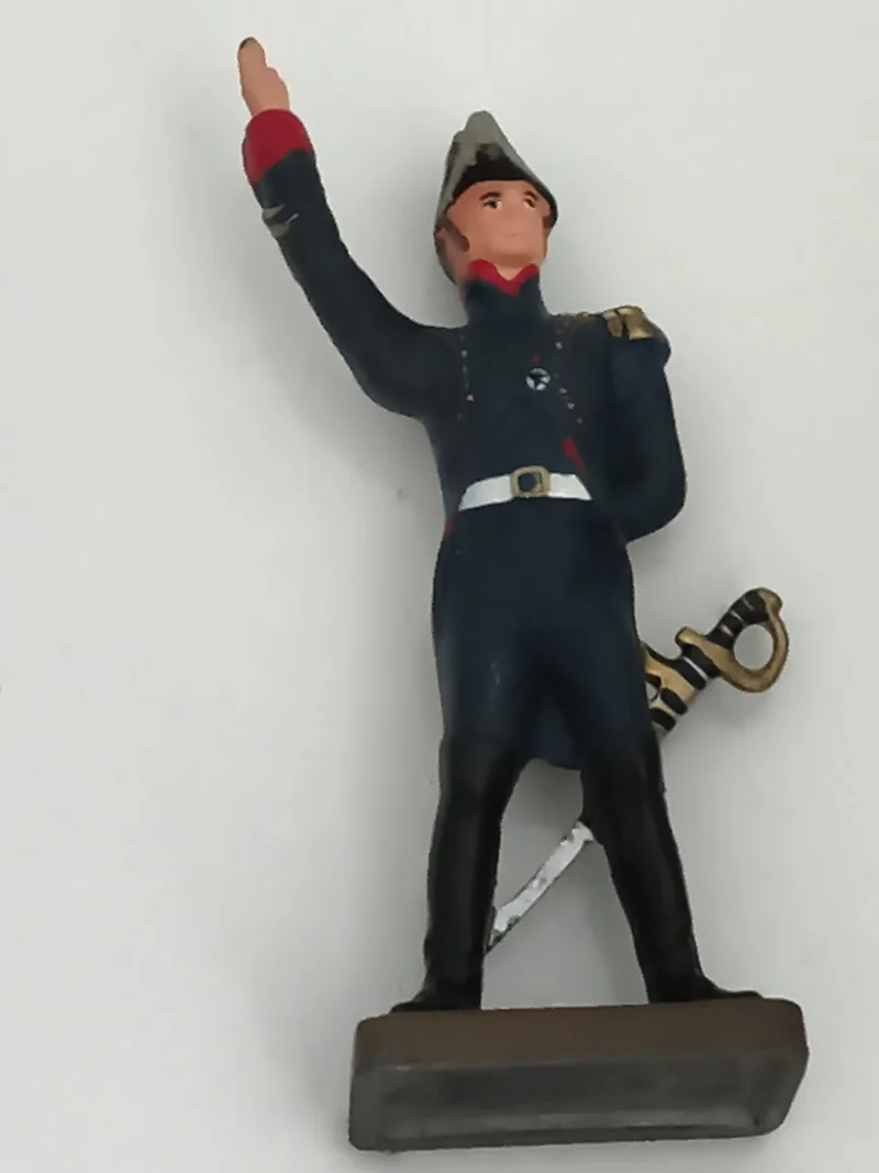 Figurine soldat ancien en plomb uniforme bleu épée main levée vintage