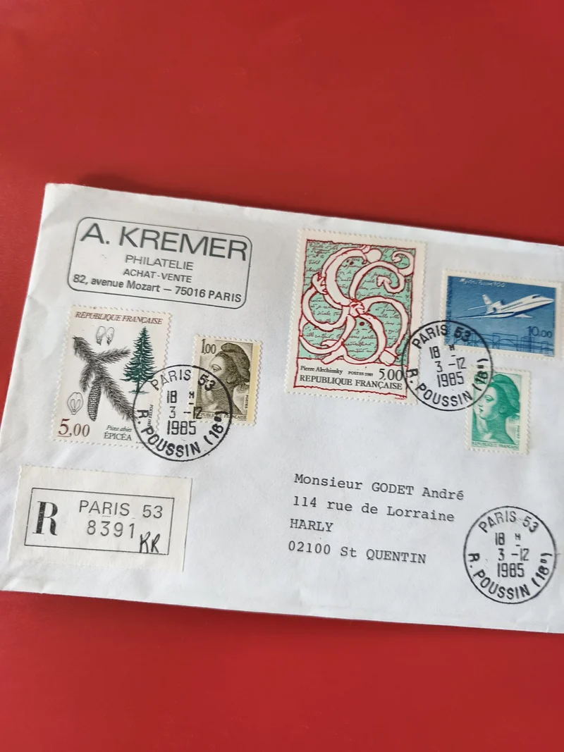 Enveloppe philatélie oblitérée Paris 1985 timbres République Française