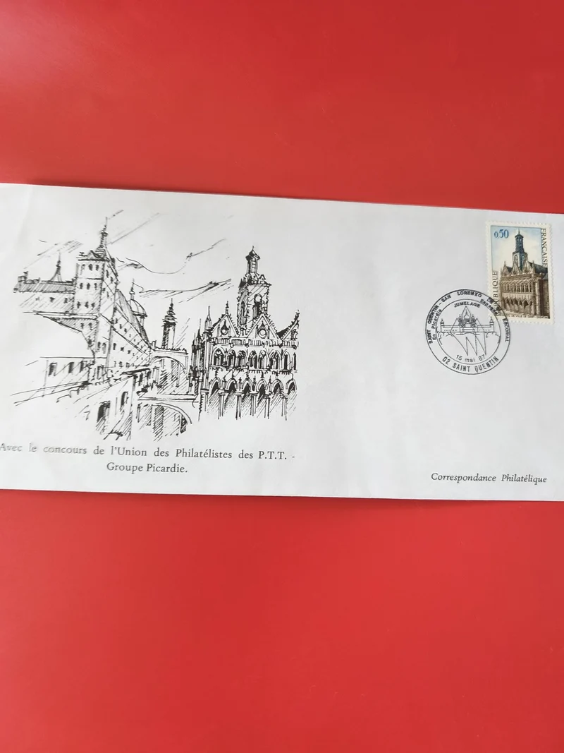 Enveloppe philatélie illustrée Saint-Quentin oblitérée, timbre 0,50 FR