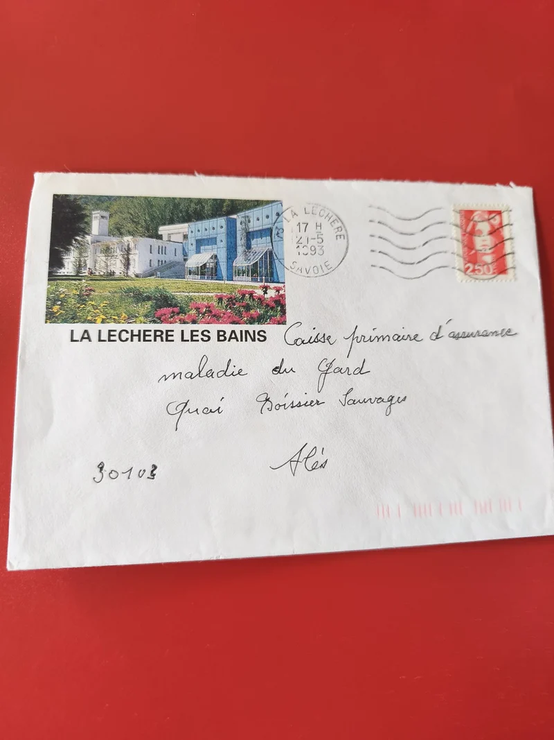 Enveloppe philatélie La Léchère Les Bains timbre 2,50 F paysage Savoie