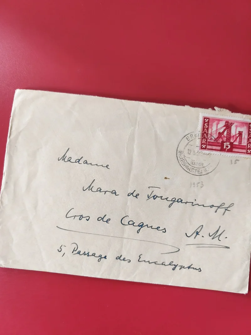 Enveloppe timbrée philatélie Saar 15c, écriture manuscrite, cachet postal visibl