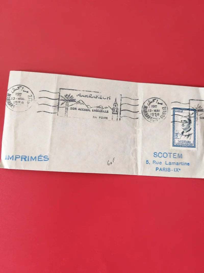 Enveloppe philatélie imprimée, cachet Marrakech 1958, timbre bleu, SCOTEM