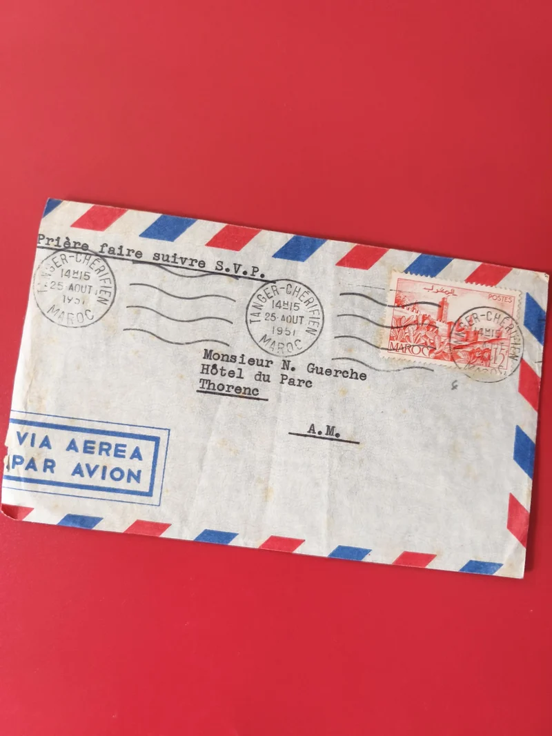 Enveloppe philatélie avion affranchie Maroc 1951 cachets Tangier décor tricolore