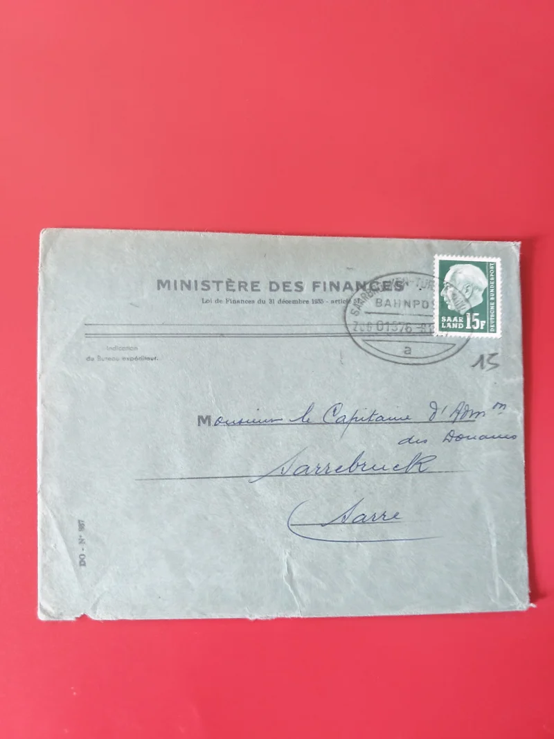 Enveloppe philatélie Ministère des Finances avec timbre Saarland 15F vert