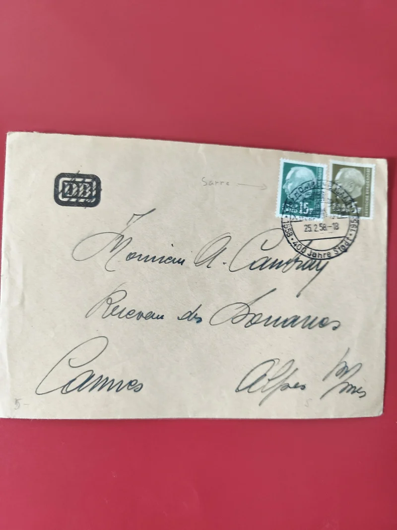 Enveloppe timbrée philatélie Sarre, affranchissement Camus, cachet visible