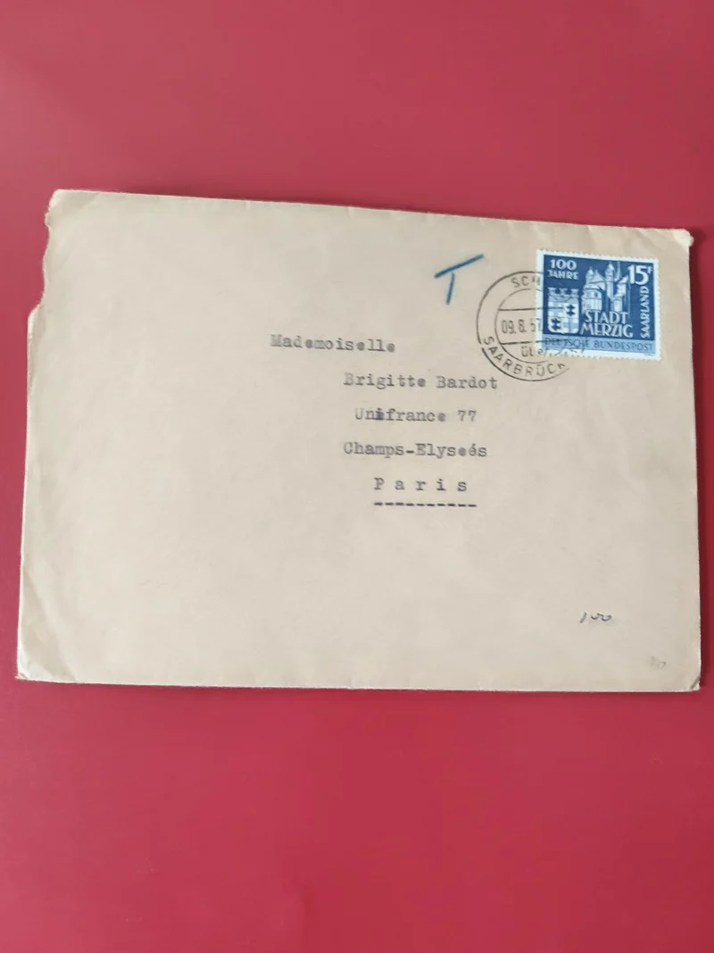 Enveloppe philatélie timbrée Allemagne Saarbrücken, adressée Paris Bardot