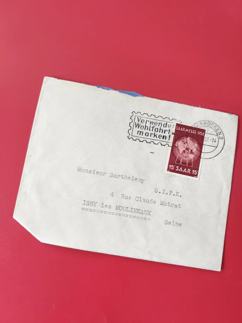 Enveloppe philatélie affranchie timbre Saarmesse 1952 cachet visible