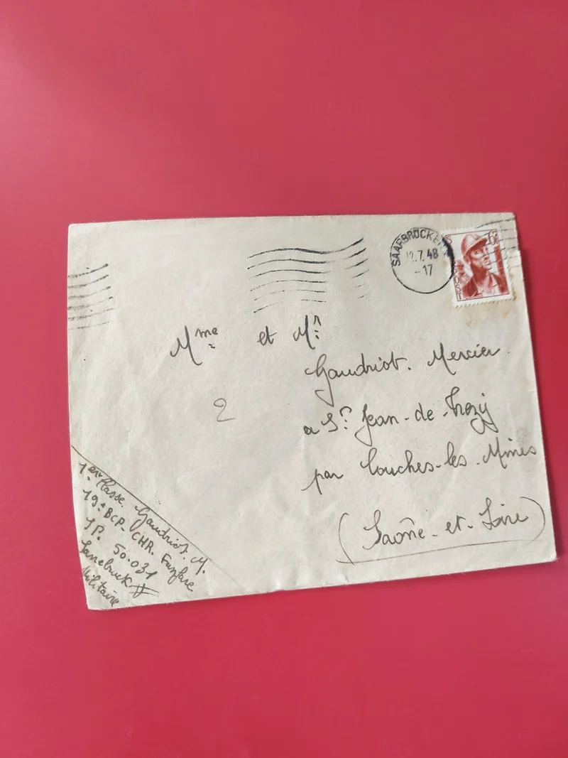 Enveloppe philatélie affranchie timbre rouge oblitérée Saarbrücken 1948