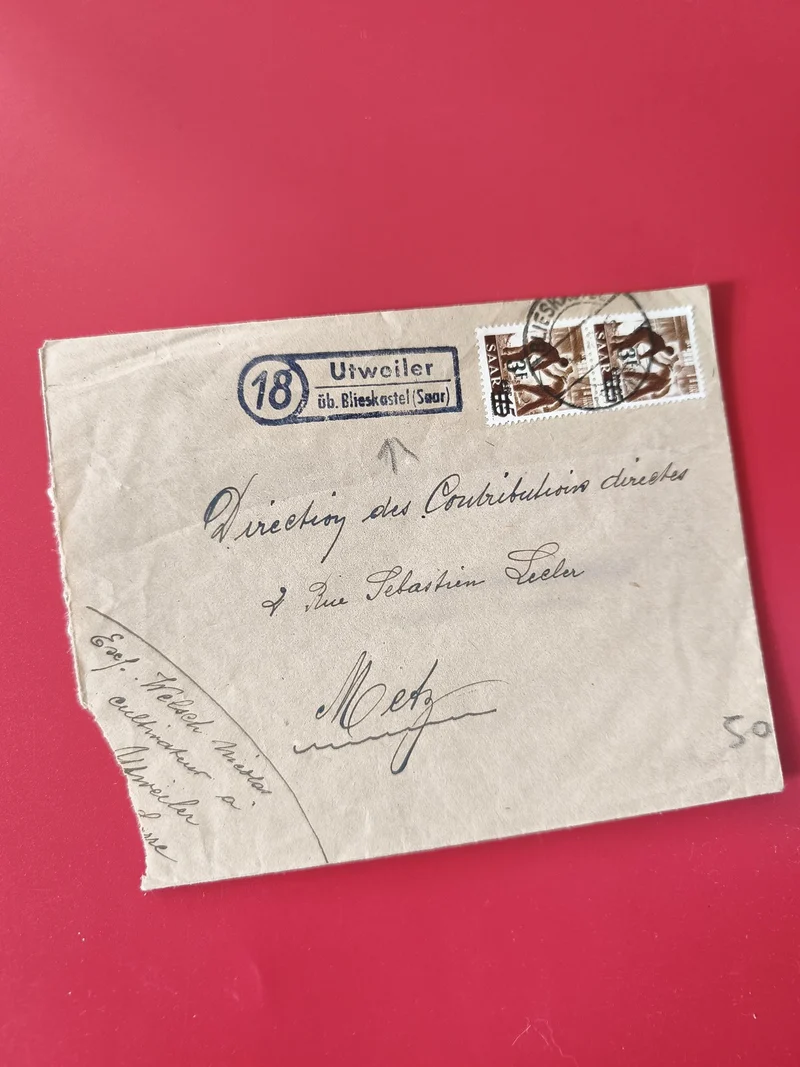 Enveloppe timbrée Saar philatélie, affranchissement postal, cachet Utweiler