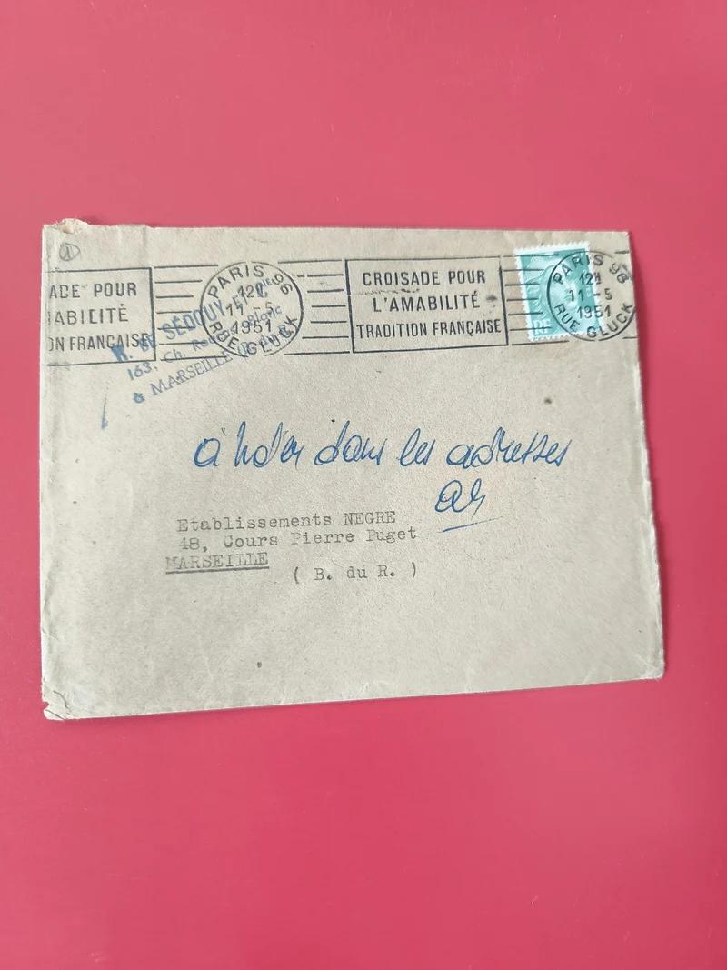 Enveloppe philatélie oblitérée Paris Marseille timbre bleu écriture manuscrite