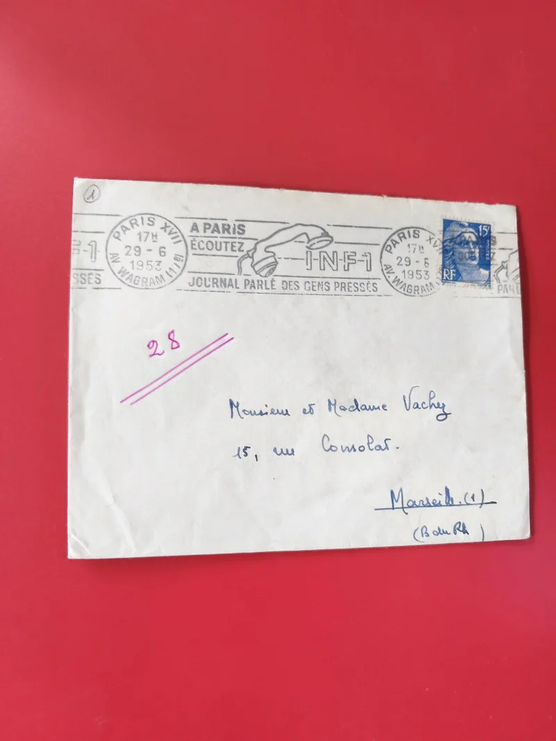 Enveloppe philatélie oblitérée timbre 15F bleue Paris Marseille cachet 1953