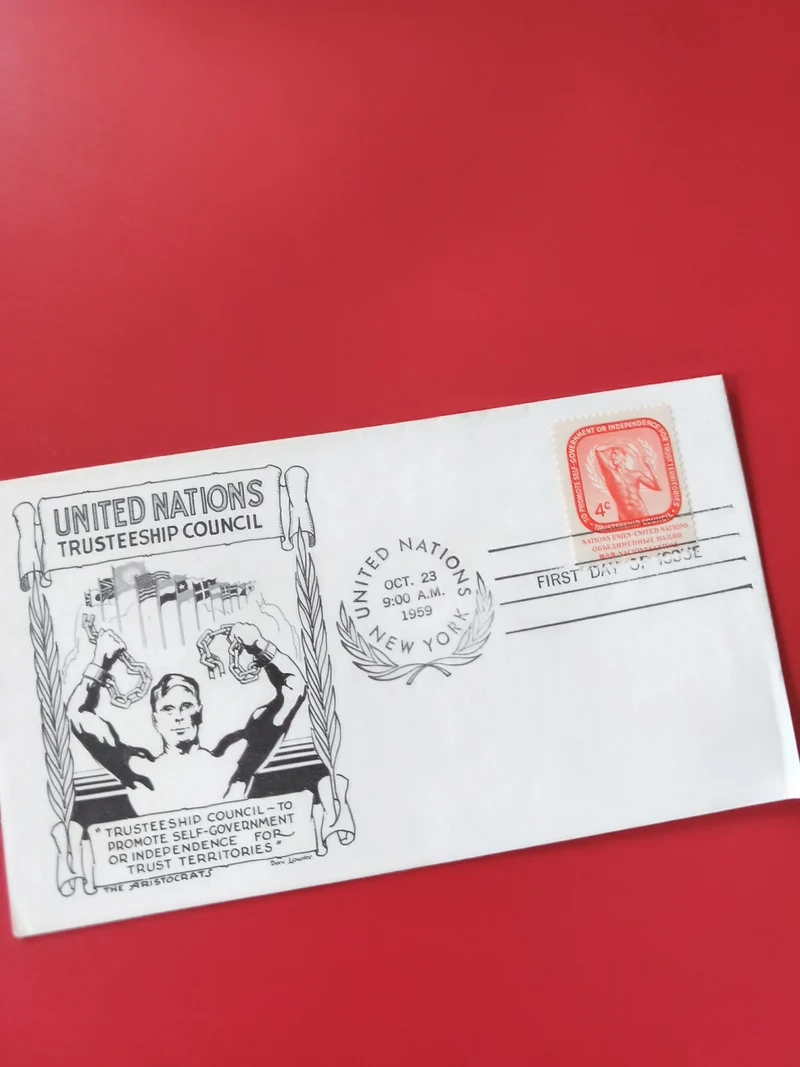 Enveloppe philatélie ONU 4c, illustration Conseil de tutelle, oblitération 1959