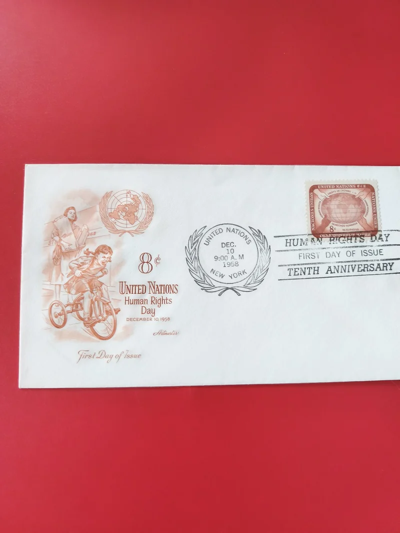 Enveloppe philatélie ONU Human Rights Day 1958 oblitérée timbre 8c illustrée