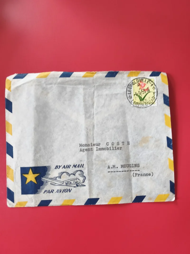 Enveloppe philatélie par avion, bords bleu/jaune, timbre Léopoldville