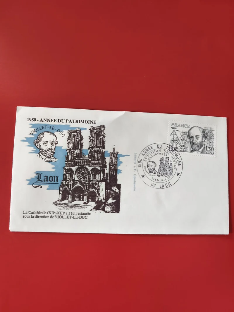 Enveloppe philatélie Laon 1980 patrimoine timbre et cachet Viollet-le-Duc