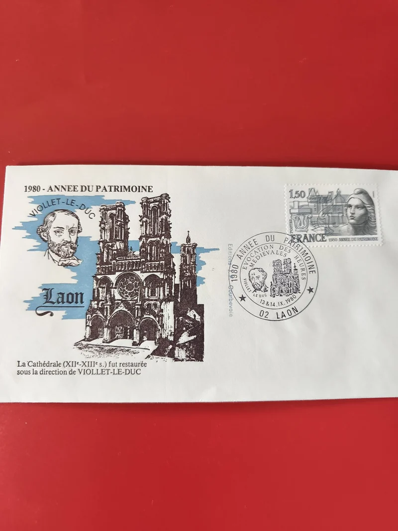 Enveloppe philatélie Laon 1980 Année du Patrimoine, cathédrale, timbre 1,50 FR