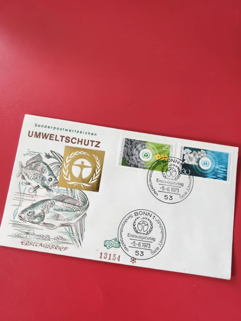 Enveloppe philatélie Allemagne Umweltschutz 1973 timbres oblitérés décor poisson