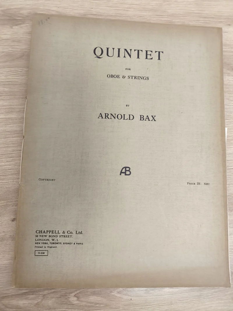 Ancien recueil partitions Quintet Arnold Bax pour hautbois et cordes vintage