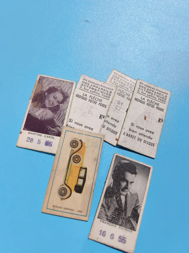 Lot de tickets publicitaires de pesée bascule publique, illustrés, papier