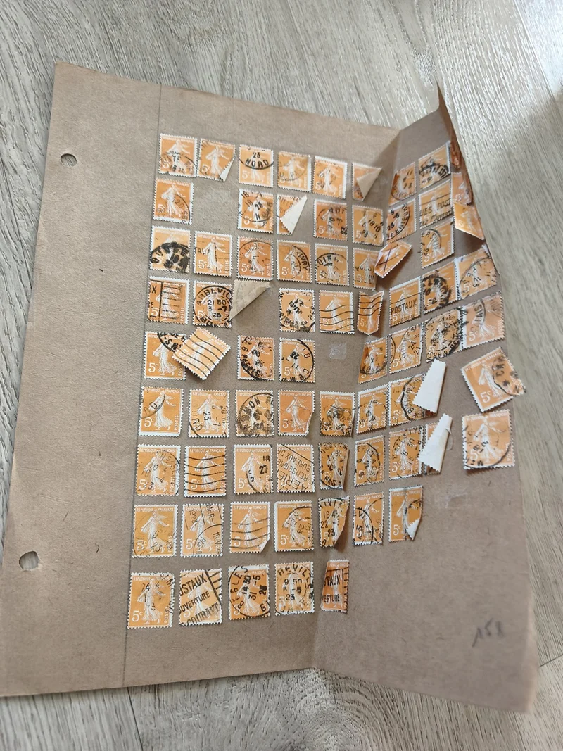 Gros lot ancien timbres Marianne orange 5c, planche philatélie étude France