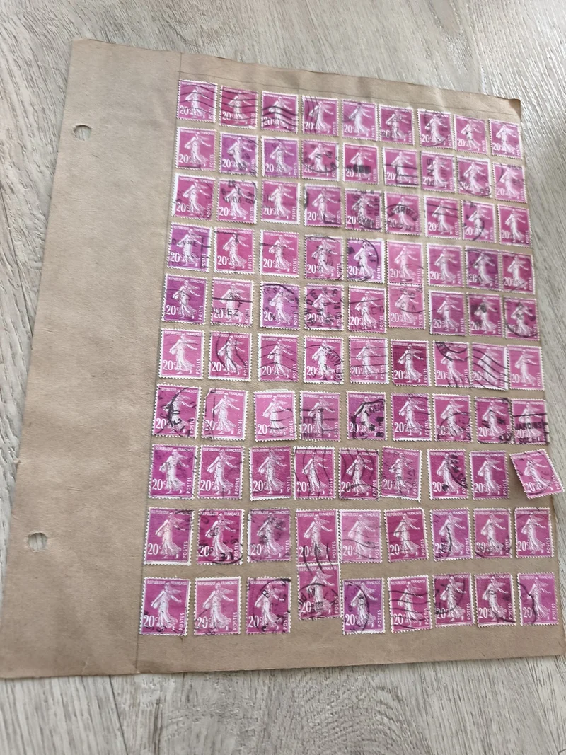Gros lot timbres anciens Marianne 20c violets oblitérés, planche philatélie étud
