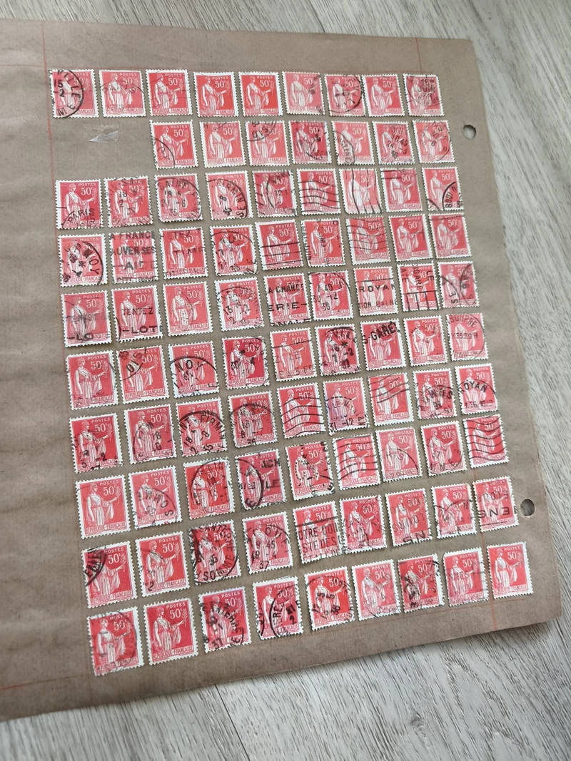 Gros lot timbres anciens Marianne 50c rouges oblitérés planche philatélie étude
