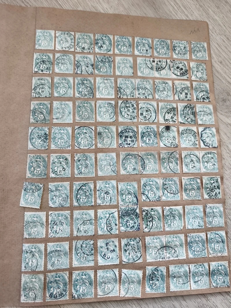 Gros lot timbres anciens Marianne 5c vert sur planche, oblitérés, étude philatél