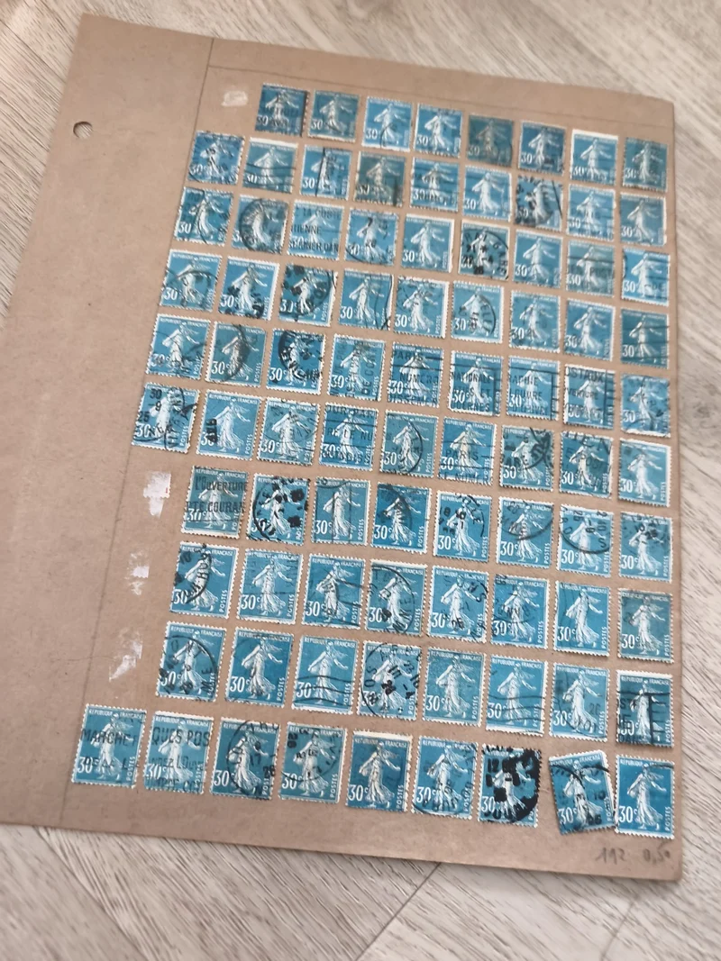 Gros lot ancien timbres Marianne 30c bleu sur planche philatélie étude France