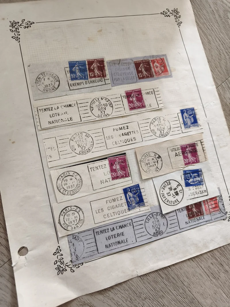 Gros lot anciens timbres Marianne sur fragments oblitérés, étude philatélie