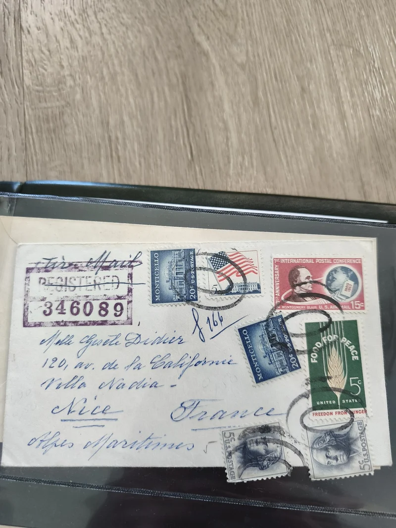Ancienne enveloppe philatélie oblitérée USA-France, timbres vintage, recommandée