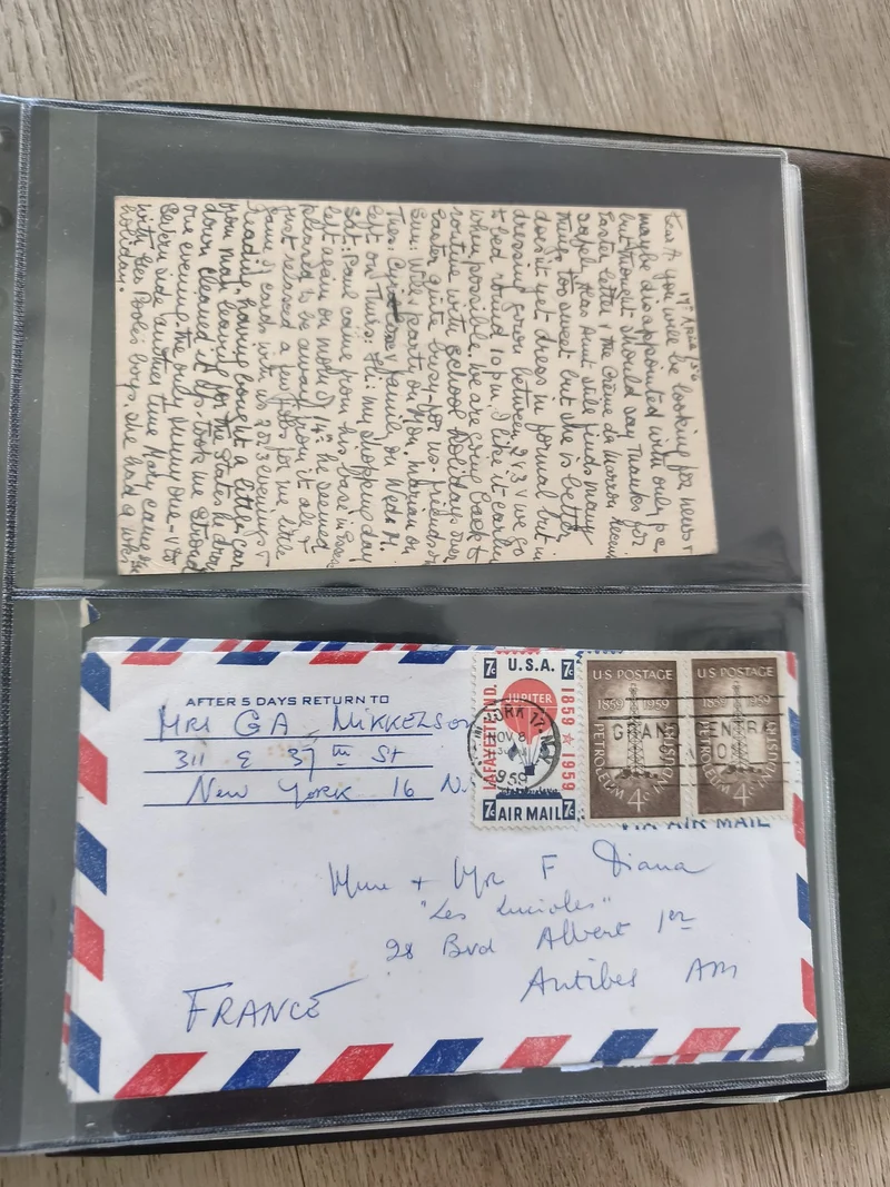 Ancienne enveloppe philatélie oblitérée USA-France, timbres 1959, Air Mail vinta