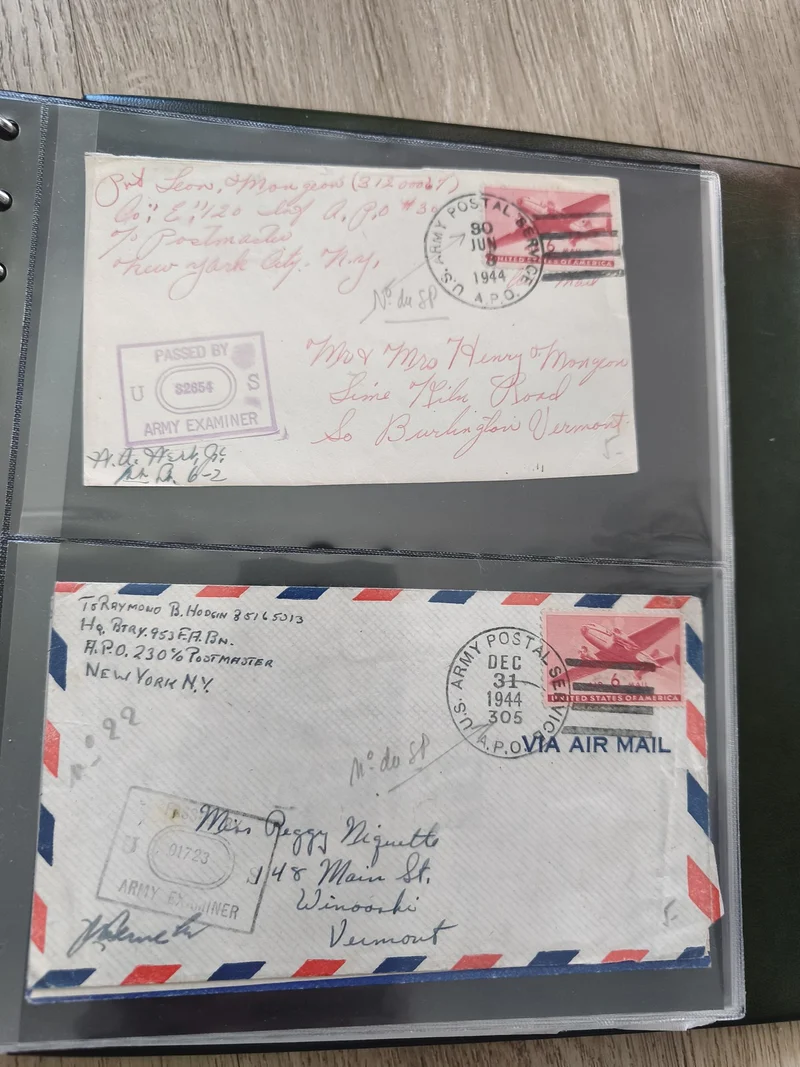 Lot 2 anciennes enveloppes philatélie oblitérées US Army 1944 Air Mail WWII
