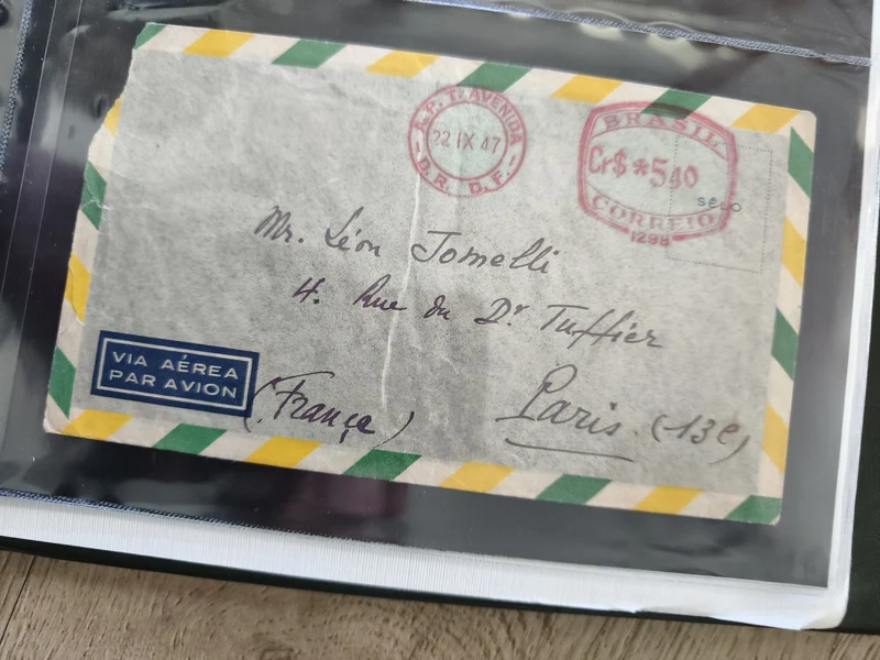 Ancienne enveloppe oblitérée Brésil 1947, avion, timbre rouge, Paris France