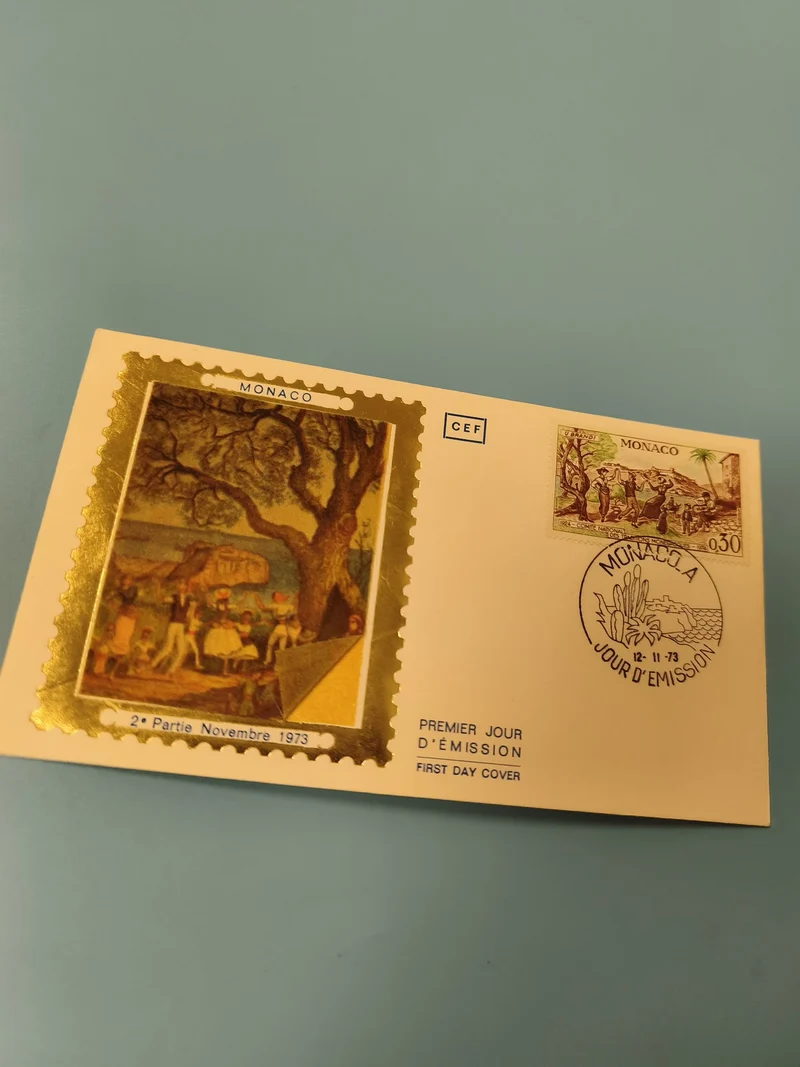 Enveloppe FDC Monaco premier jour d?émission 1973 timbre illustré doré
